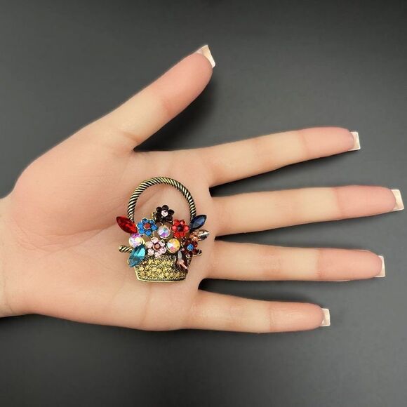 Yellow Gold with Multicolored Crystal Flower Basket Pin Back Brooch - Picture 7 of 7